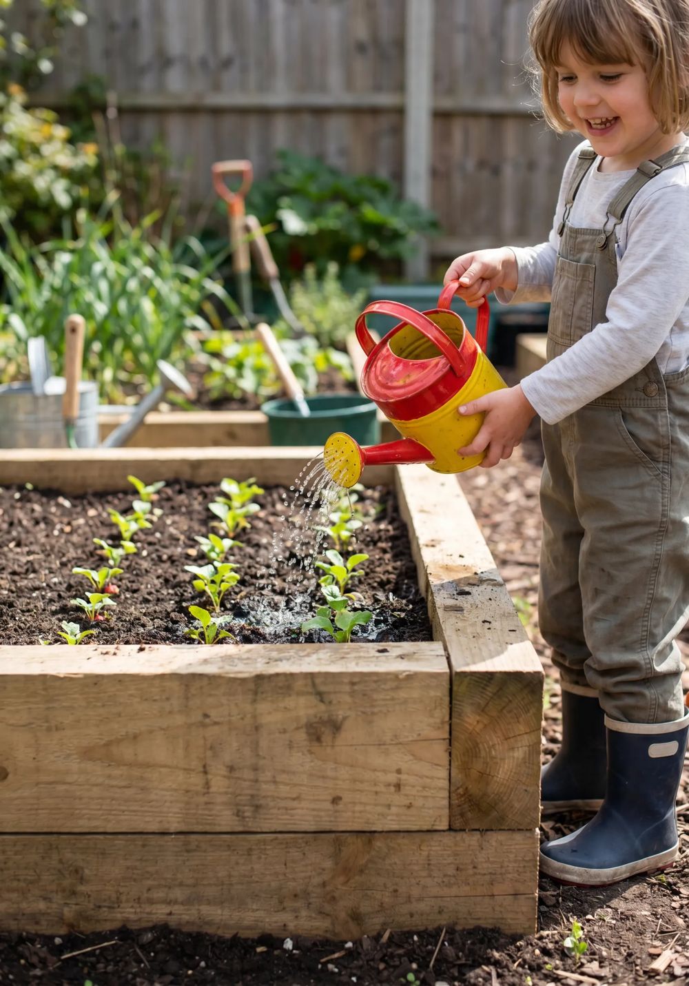 Hochbeet im Garten wird gemeinsam bepflanzt