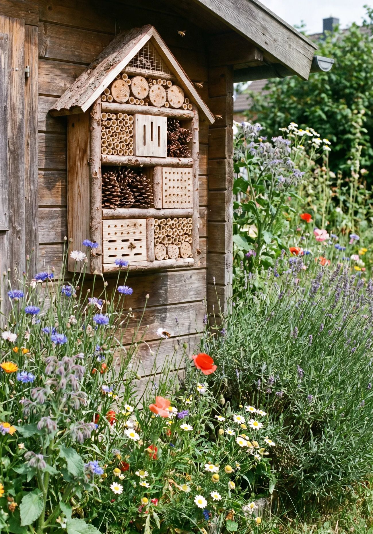 Insektenhotel aus Holz und Naturmaterialien im Garten (KI-generiert)