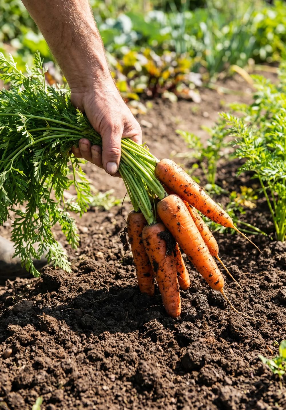 Ernte von Wurzelgemüse aus dem Beet (KI-generiert)