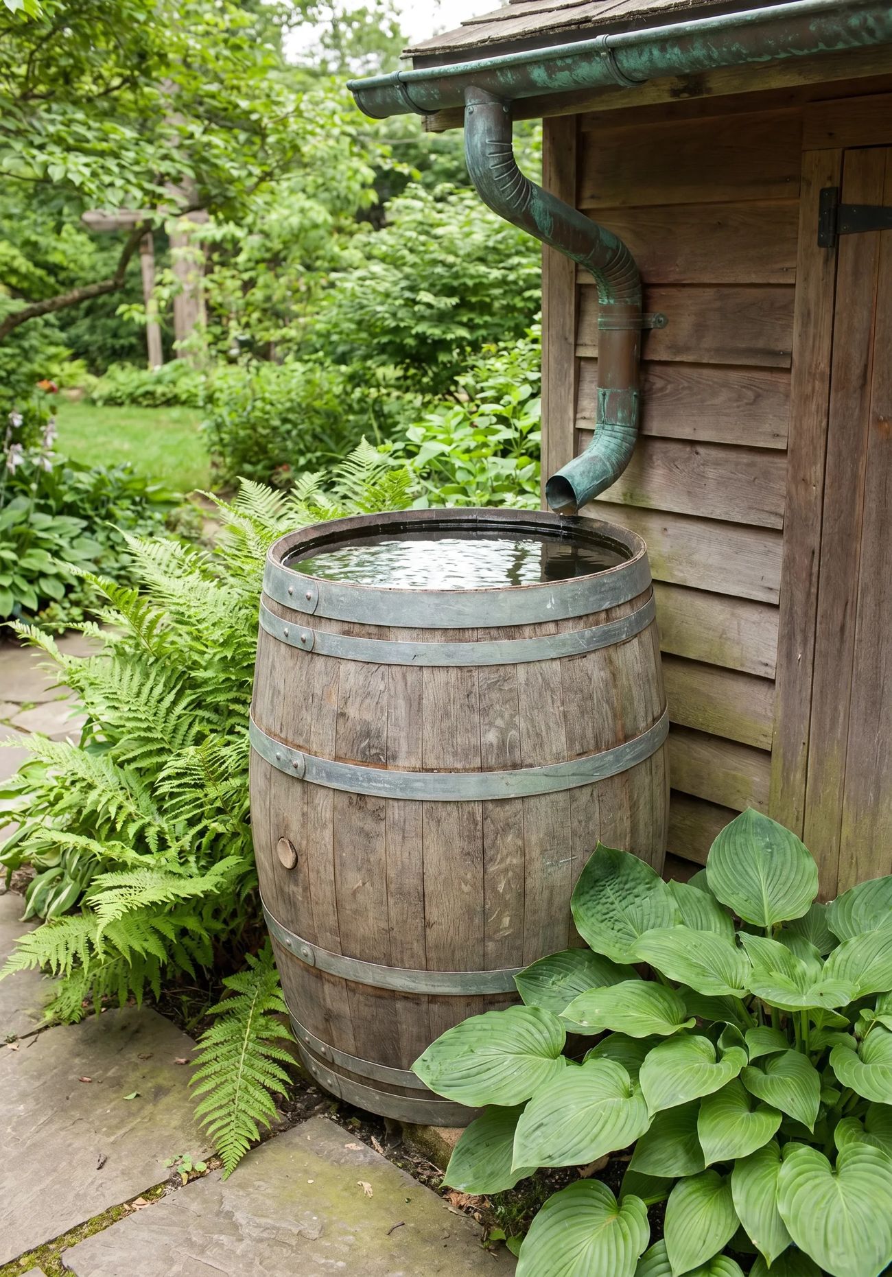 Regentonne im Garten sammelt Regenwasser (KI-generiert)