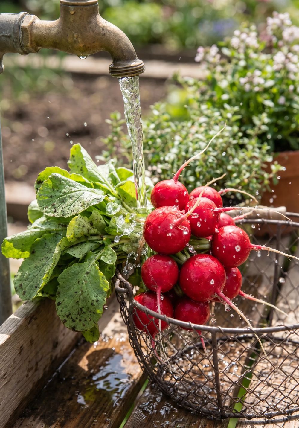 Frisch geerntete Radieschen werden gewaschen
