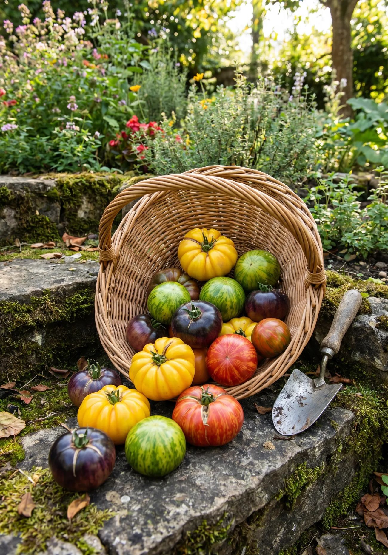Verschiedene reife Tomaten in Rot, Gelb und Grün (KI-generiert)