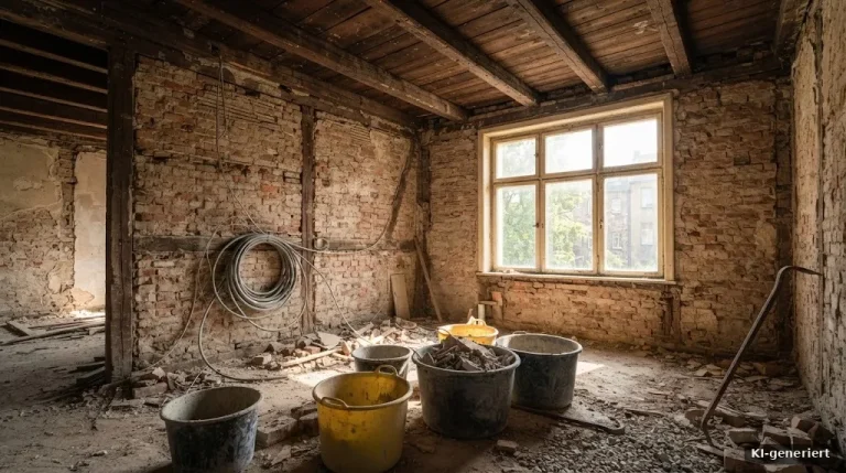 Entkernter Altbau-Raum mit Holzbalkendecke, Bauschutt-Eimer und Tageslicht durch alte Fenster