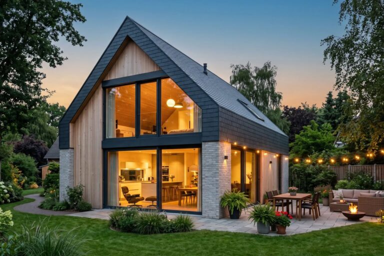 Modernes Satteldachhaus mit großer Glasfront am Abend