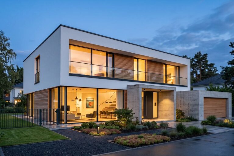 Modernes Haus mit warmer Außenbeleuchtung in der Dämmerung