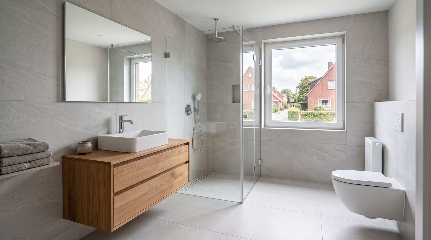 Fertig saniertes helles Bad mit bodengleicher Dusche und großen Fliesen