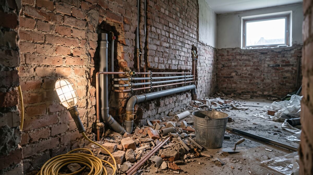 Badezimmer im Rohbau mit neuen Leitungen in der aufgestemmten Wand