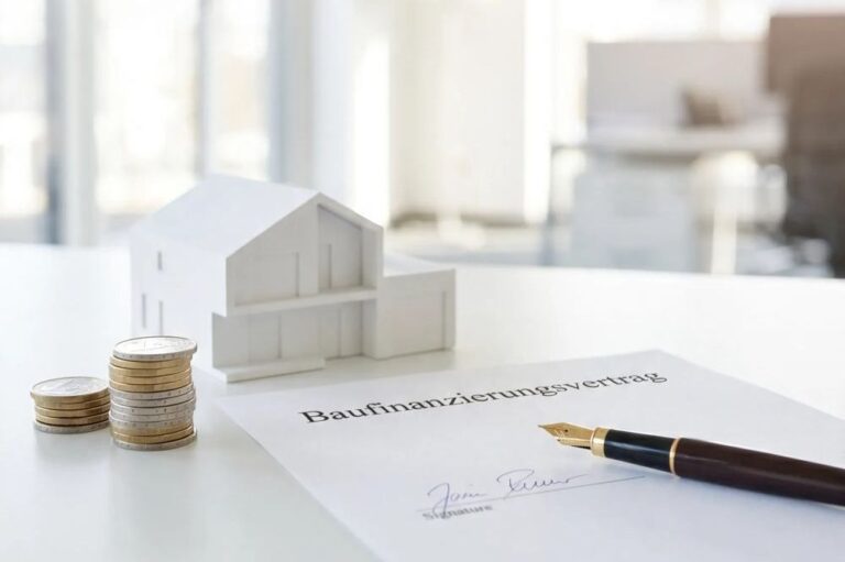 Hausmodell und Stift auf einem hellen Schreibtisch mit Bauplan