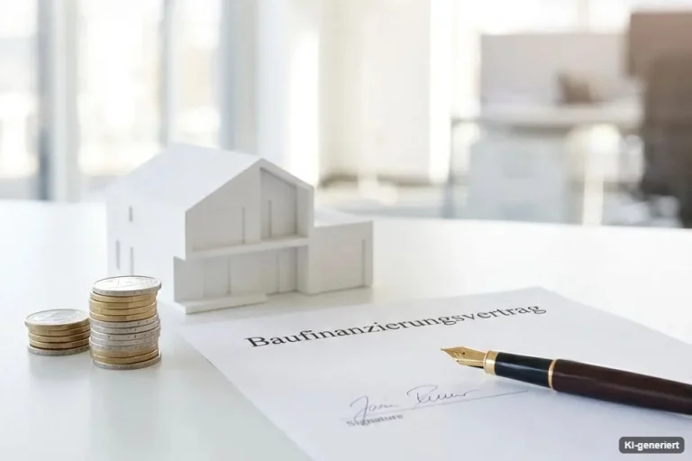 Hausmodell und Stift auf einem hellen Schreibtisch mit Bauplan