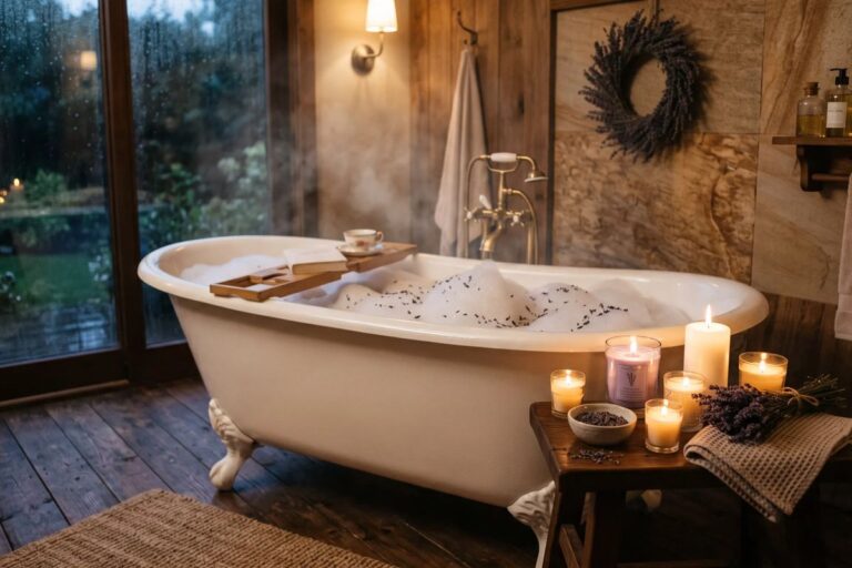 Freistehende Badewanne mit Kerzen im gemütlichen Badezimmer