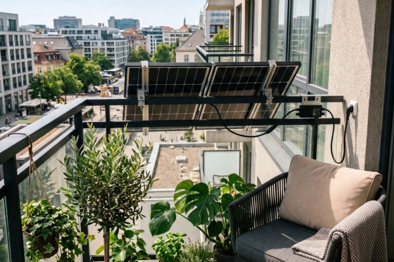 Balkonkraftwerk mit Solarmodulen am Geländer eines Stadtbalkons