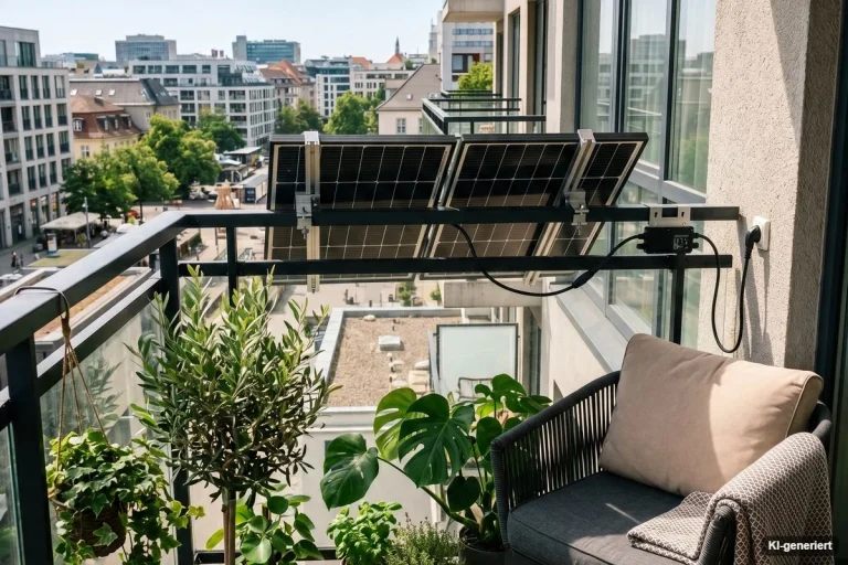 Balkonkraftwerk mit Solarmodulen am Geländer eines Stadtbalkons