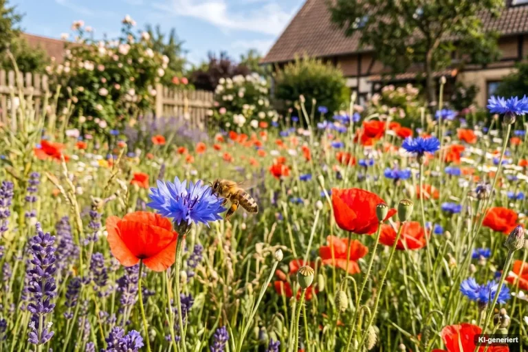 Bunte Blumenwiese mit Mohn, Kornblumen und Lavendel
