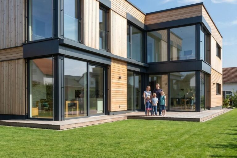 Modernes Haus mit Carport und gepflegtem Rasen