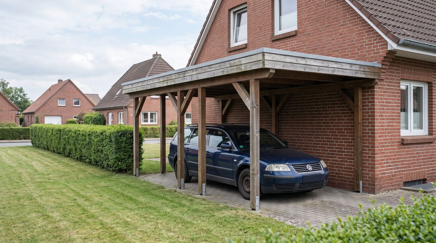 Holz-Carport mit Flachdach neben einem roten Klinkerhaus