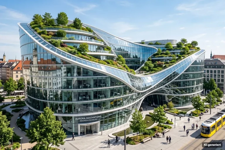 Modernes Gebäude mit begrünten Dachterrassen