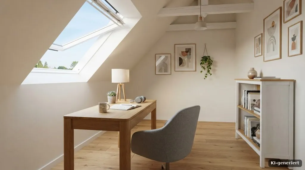 Fertig ausgebautes helles Dachzimmer mit Dachfenster und Schreibtisch