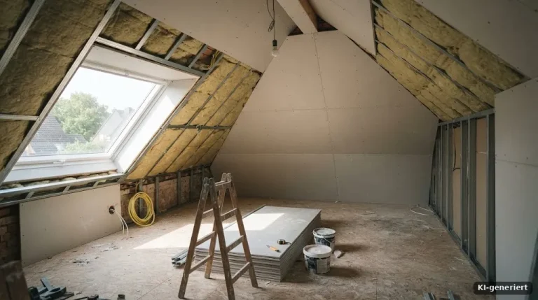 Dachgeschoss im Ausbau mit gedämmten Dachschrägen und Gipskartonplatten