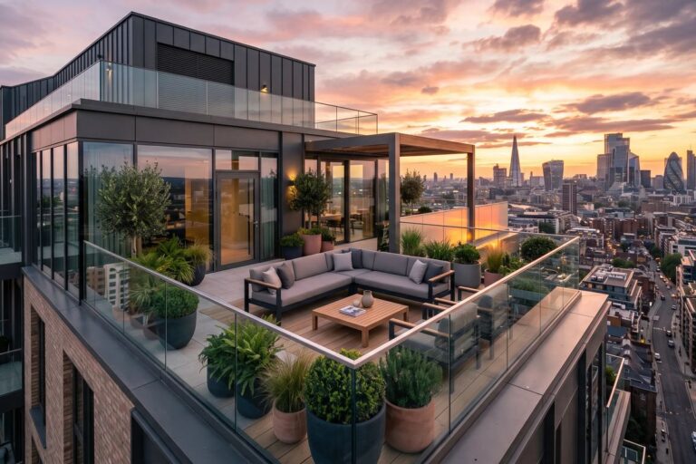 Moderne Dachterrasse mit Lounge und Blick über die Stadt