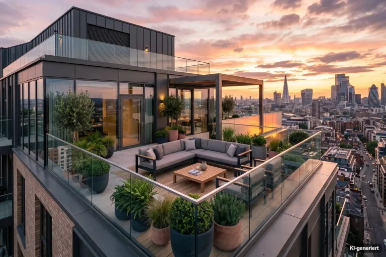 Moderne Dachterrasse mit Lounge und Blick über die Stadt