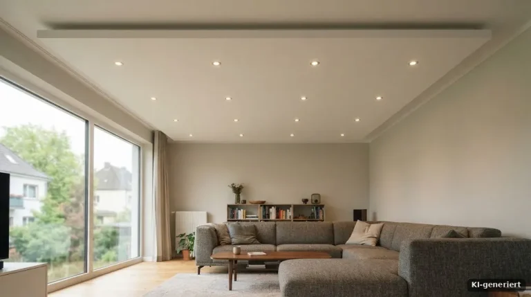 Abgehängte Trockenbaudecke mit eingelassenen LED-Spots in einem Wohnzimmer