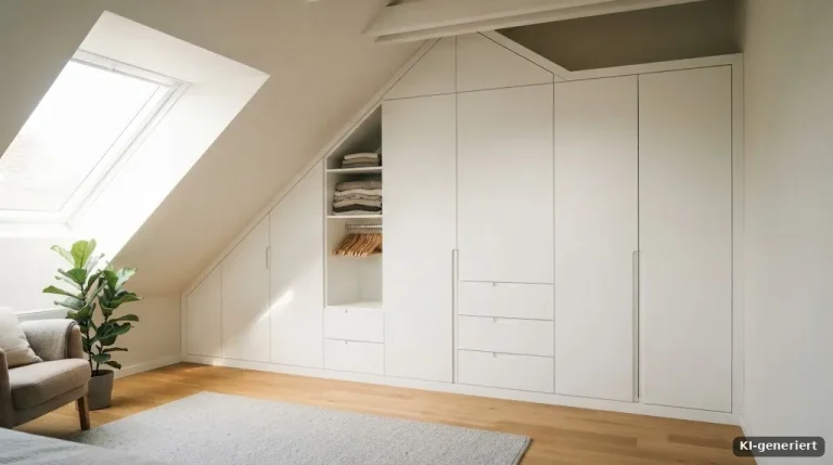 Maßgefertigter weißer Einbauschrank in einer Dachschräge eines hellen Dachzimmers