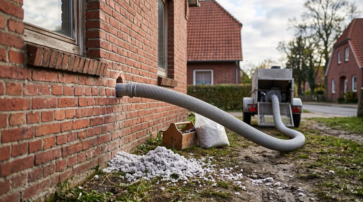 Schlauch für Einblasdämmung steckt in einer gebohrten Öffnung in der Klinkerfassade