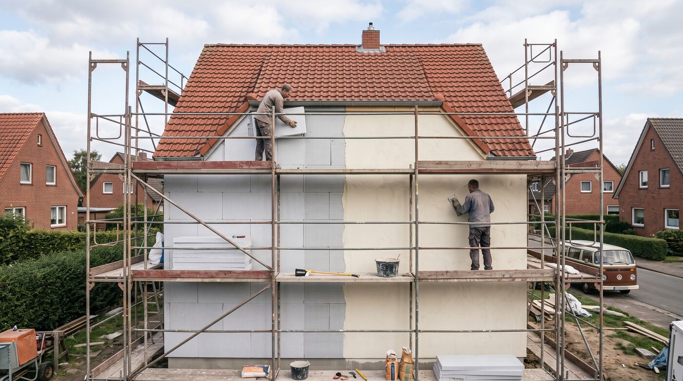 Einfamilienhaus im Baugerüst, die Fassade ist zur Hälfte mit Dämmplatten beklebt