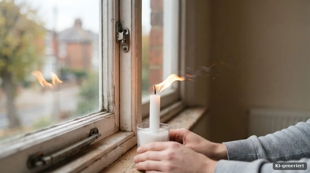 Kerzenflamme flackert an einem Fensterrahmen als Zugluft-Test