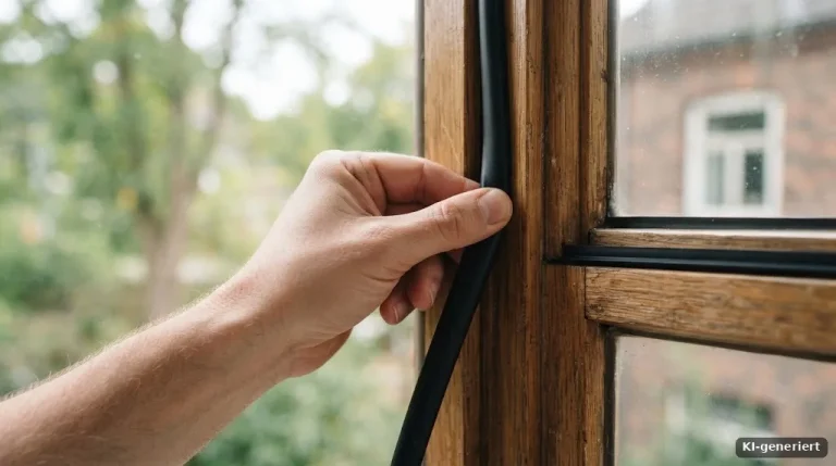 Hand drückt ein neues Gummi-Dichtungsprofil in einen Holzfensterrahmen