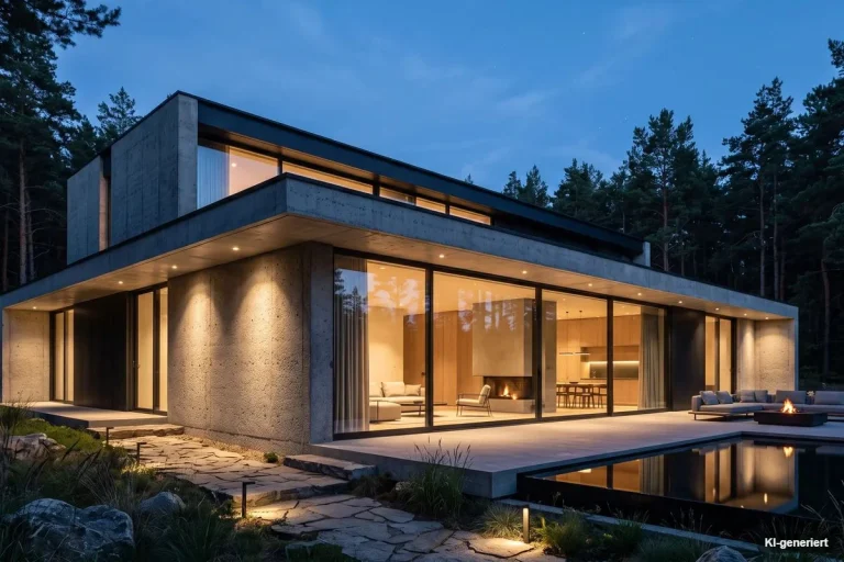 Modernes Haus mit großen Fensterfronten am Waldrand