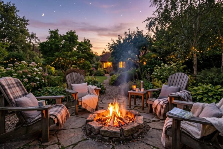 Gemütliche Feuerstelle mit Gartenstühlen am Abend