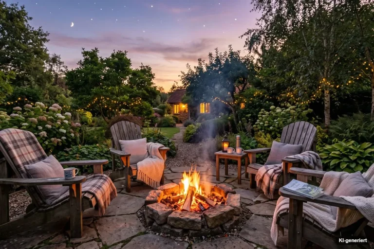 Gemütliche Feuerstelle mit Gartenstühlen am Abend