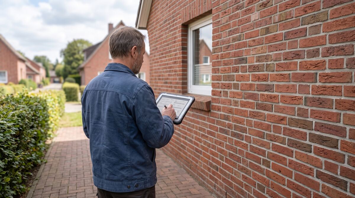 Energieberater mit Tablet vor einer Klinkerfassade