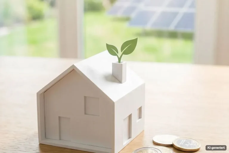 Hausmodell mit Münzstapeln vor Solaranlage und Windrädern