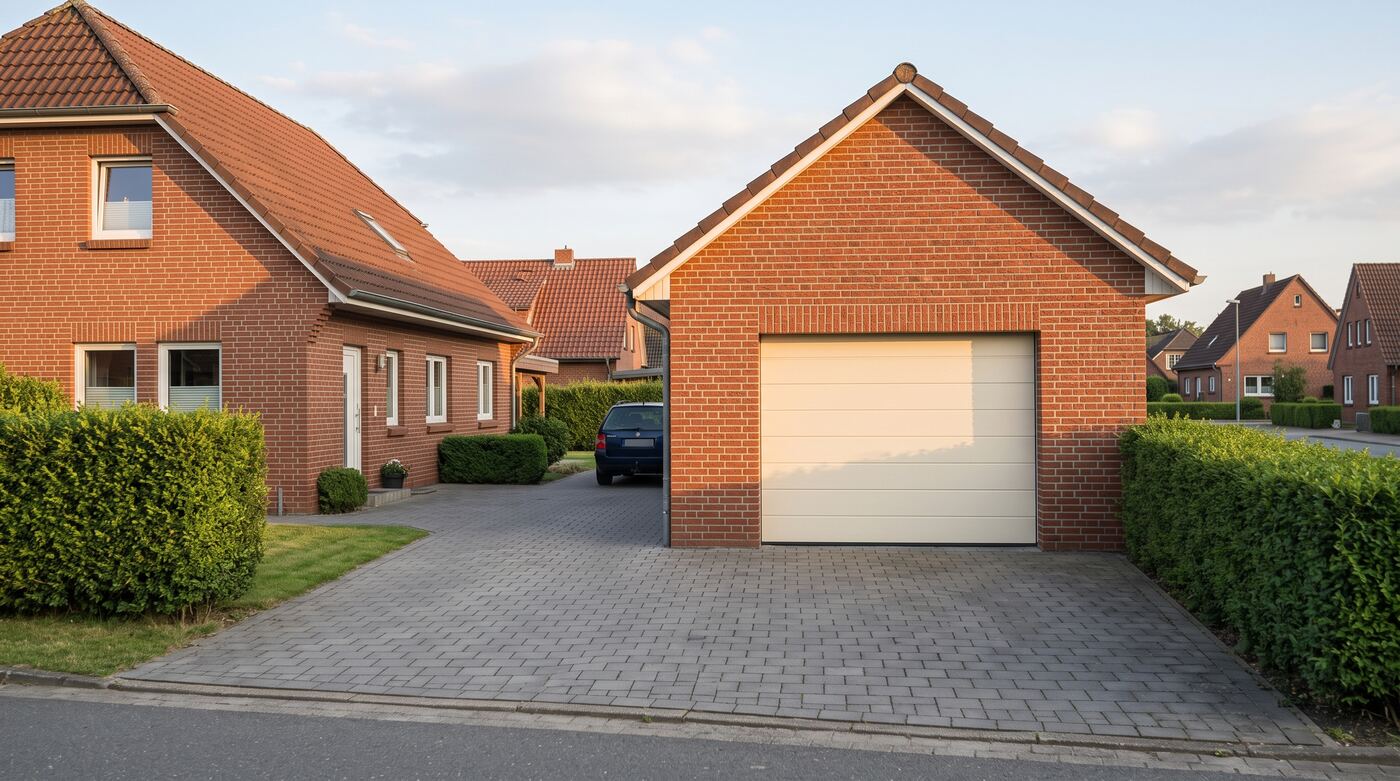 Gemauerte Garage mit hellem Sektionaltor und gepflasterter Einfahrt