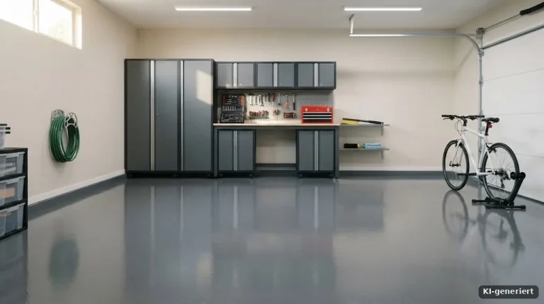 Glänzend grau beschichteter Garagenboden in einer aufgeräumten Garage