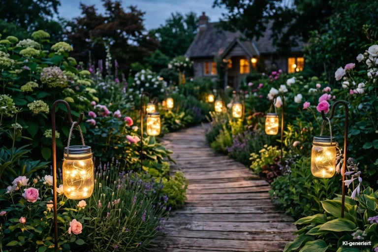 Gartenweg aus Holz mit Laternen in der Abenddämmerung