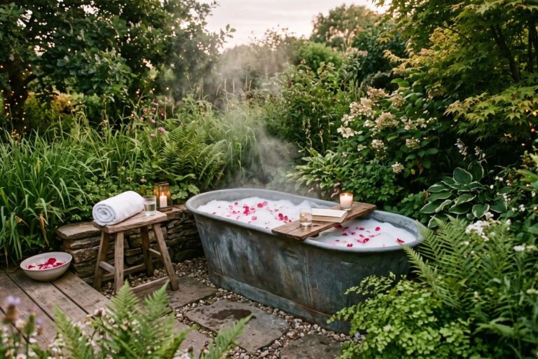 Freistehende Badewanne mit Blütenblättern im grünen Garten