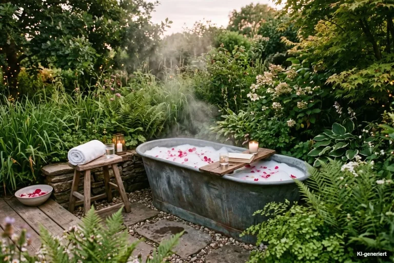 Freistehende Badewanne mit Blütenblättern im grünen Garten