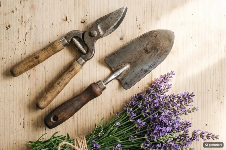 Gartenschere, Handschaufel und Lavendel auf hellem Holz