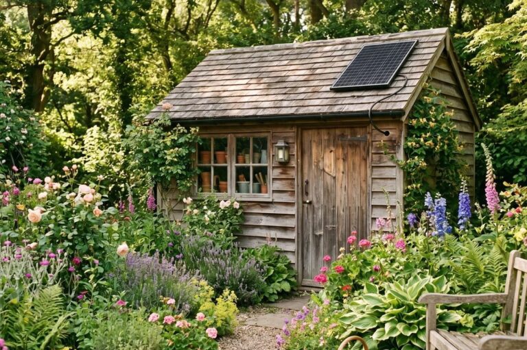Holz-Gartenhaus mit kleiner Solarzelle auf dem Dach inmitten eines blühenden Gartens