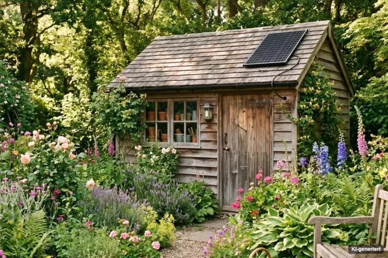 Holz-Gartenhaus mit kleiner Solarzelle auf dem Dach inmitten eines blühenden Gartens
