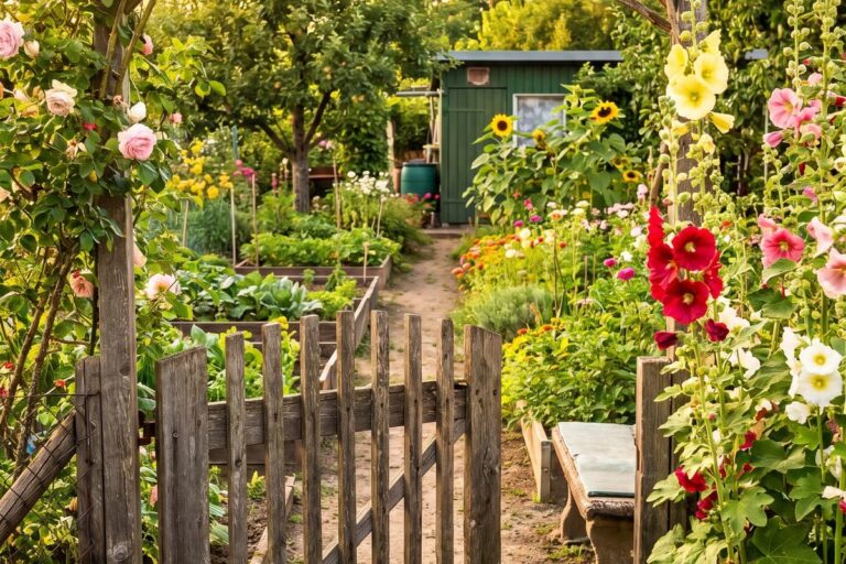 Hölzernes Gartentor unter einem Rosenbogen