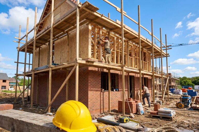 Baustelle mit Holzgerüst, Schutzhelm und Werkzeug