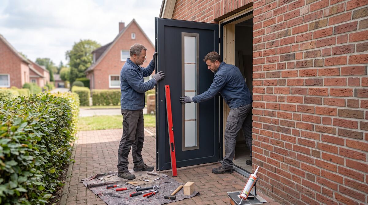 Zwei Handwerker setzen eine neue Haustür in die Zarge ein