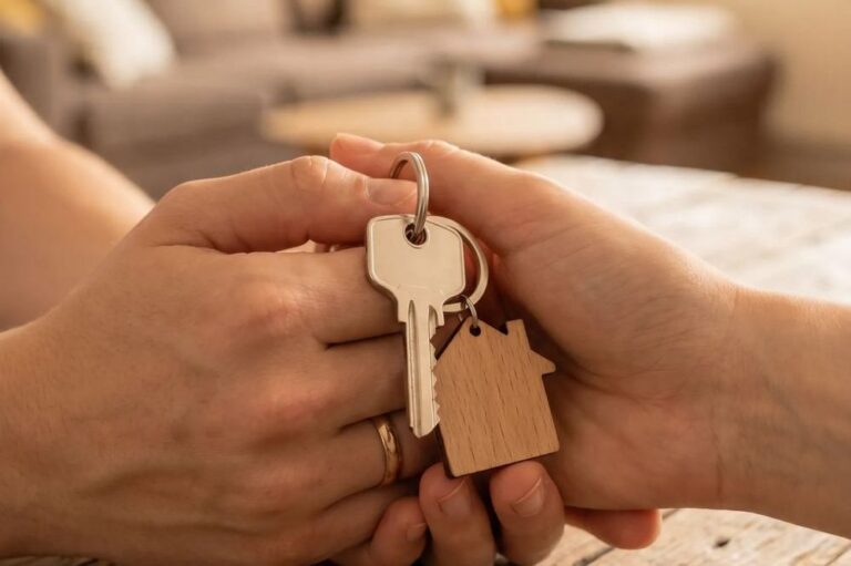 Übergabe eines Haustürschlüssels von Hand zu Hand