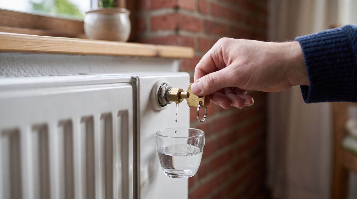 Entlüftungsschlüssel am Ventil eines Heizkörpers, ein Glas fängt das Wasser auf