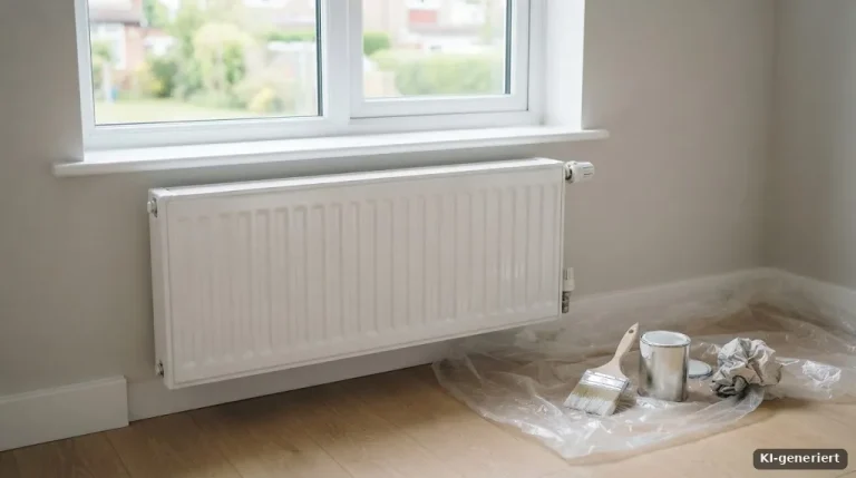 Frisch weiß lackierter Heizkörper unter einem Fenster, Pinsel und Abdeckfolie daneben