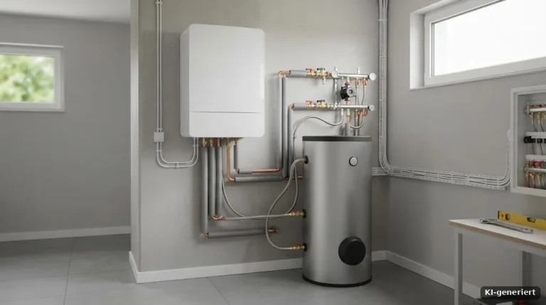 Moderner Heizungsraum mit neuer Wärmepumpen-Inneneinheit und Warmwasserspeicher